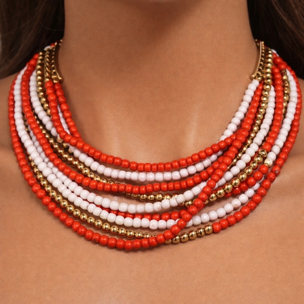 Women's Colorful Layered Gold tone, Red and White Beaded 11-inch Choker Necklace